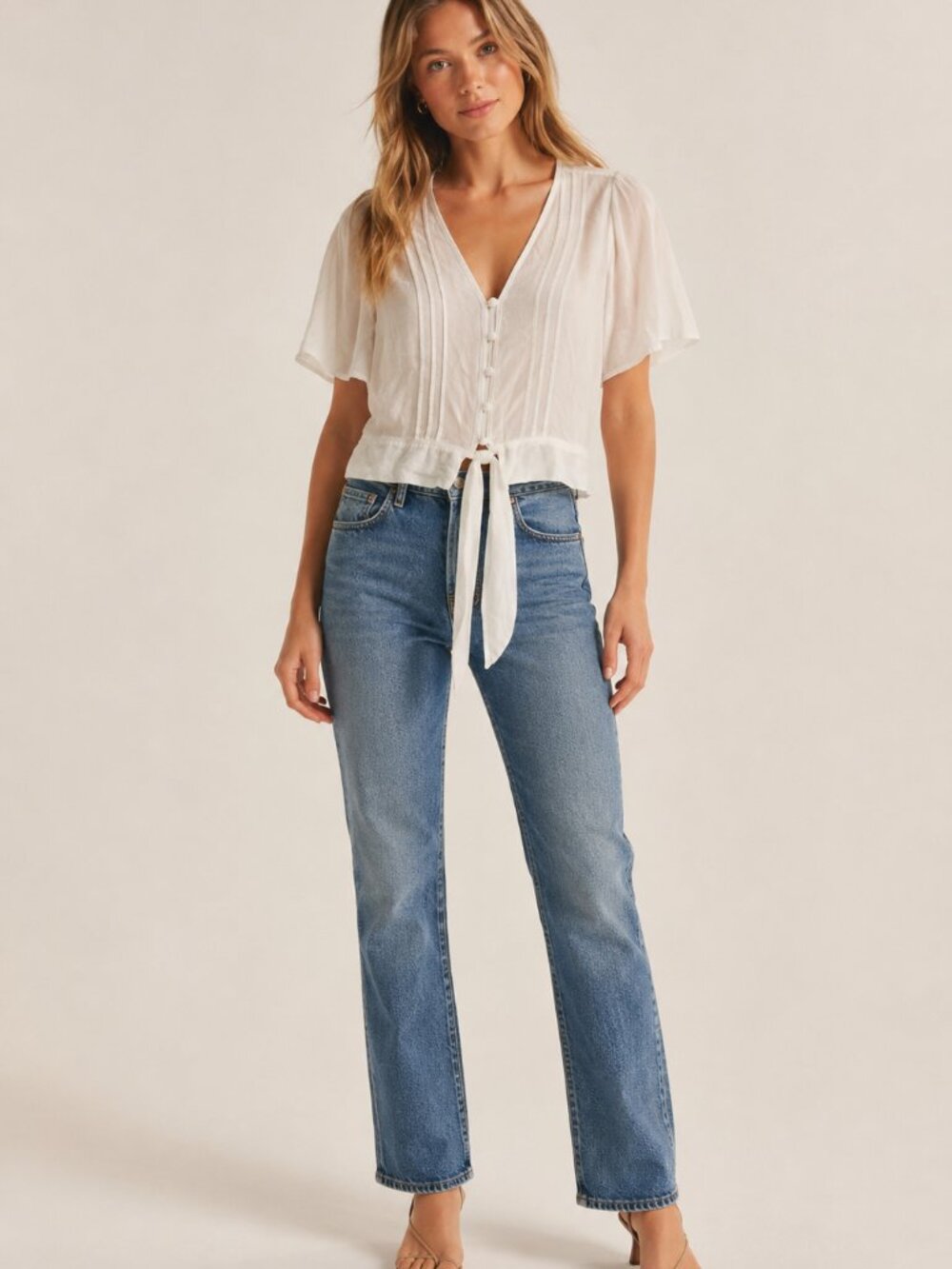 Abercrombie & Fitch White Minimilaist Pintuck Tie Front Crop Top XS